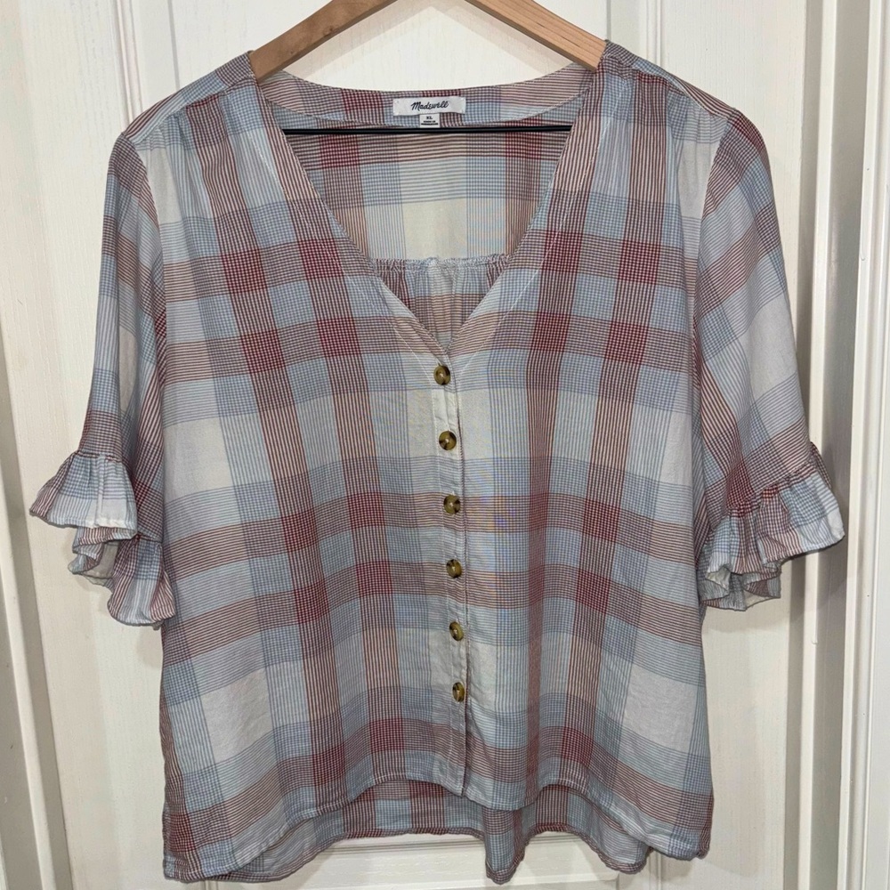 SOLD Madewell Village Ruffle-Sleeve Button Down Shirt in Brown & Blue Plaid XL